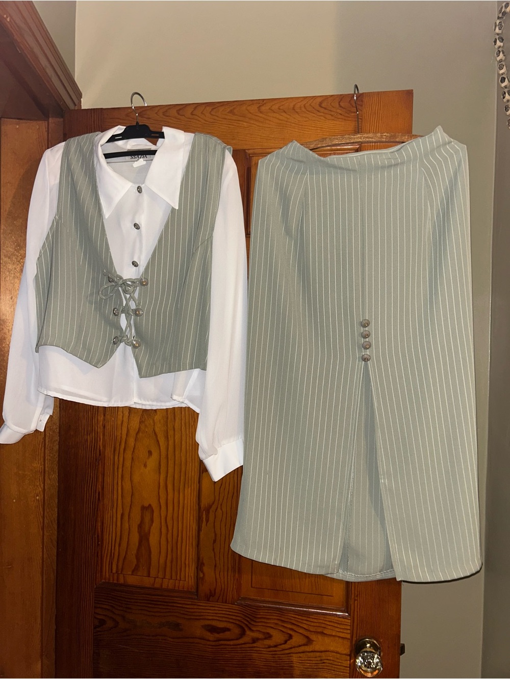 Two-Piece Sage Pinstripe Skirt Set with Lace-Up Vest